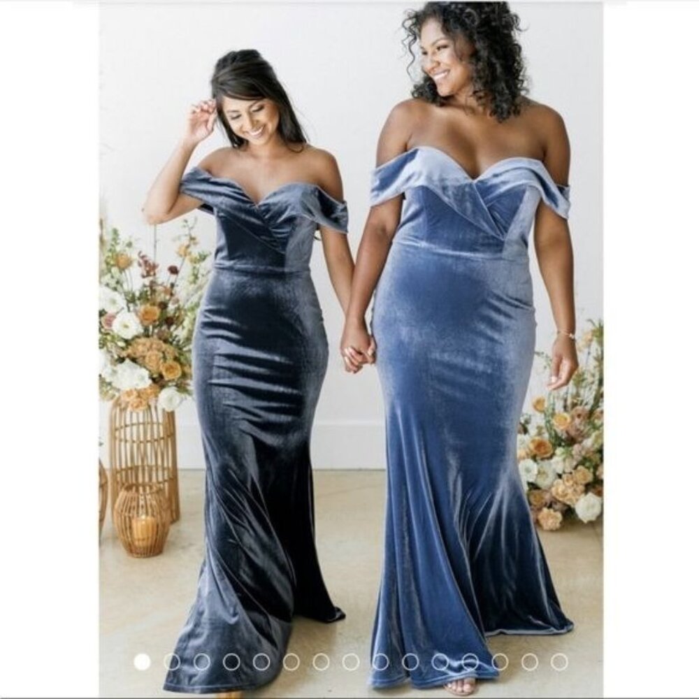 Revelry Bardot Velvet off-shoulder BridesmaidsDress Light blue Size 10